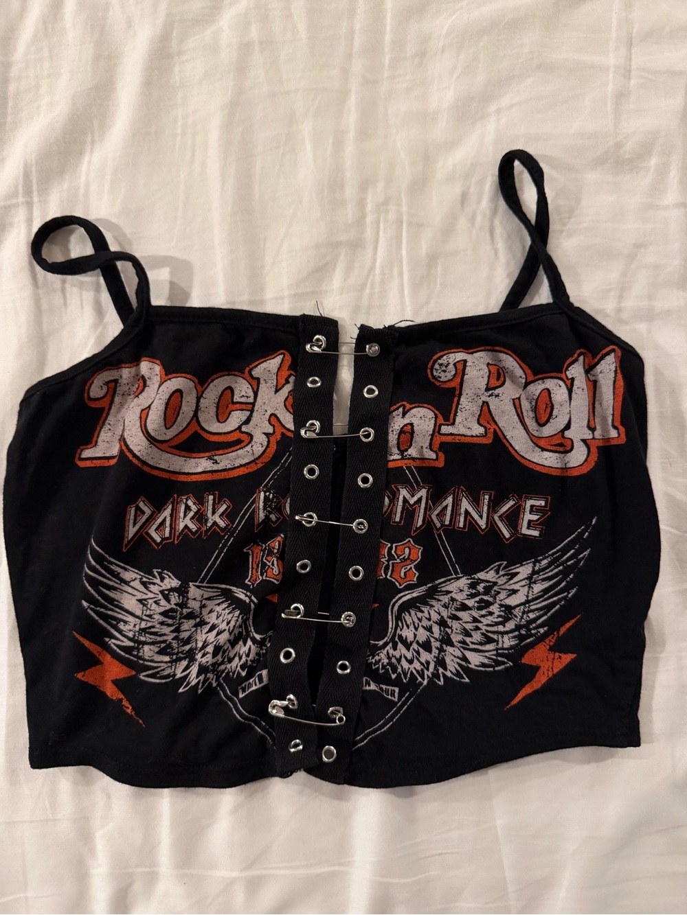 Black Rock n Roll Graphic Lace-Up Crop Top